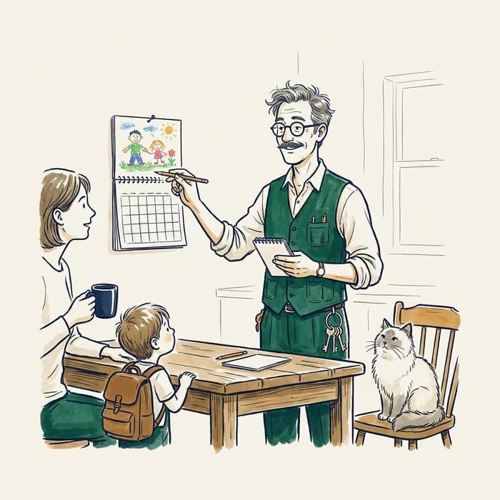 Pobočník u rodinného stolu ukazuje na nástěnný kalendář, u stolu maminka s dítětem a kočka.