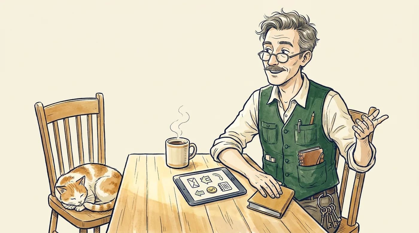 Pobočník sedí ráno u kuchyňského stolu s kávou a tabletem, na židli vedle spí kočka.